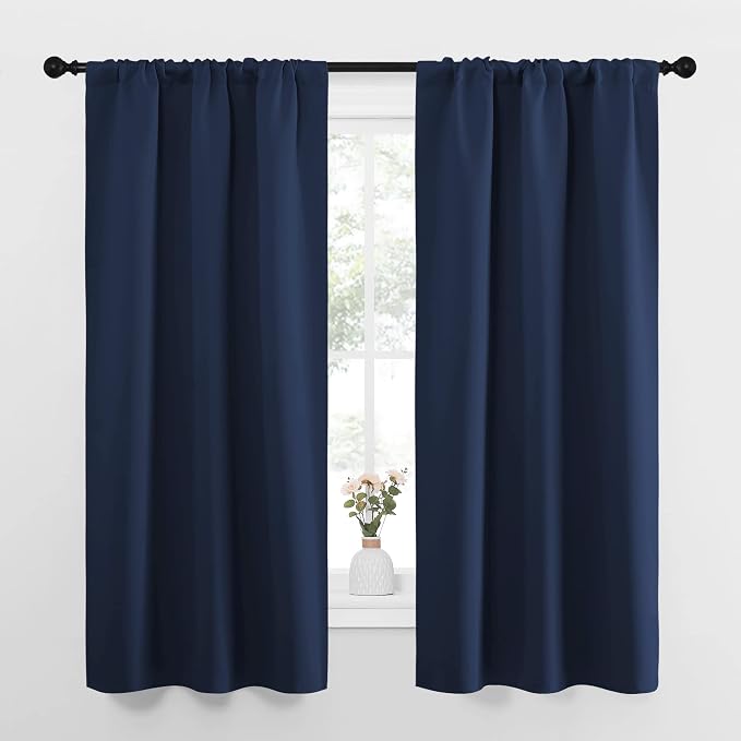 NICETOWN Bedroom Curtains Blackout Draperies, Home Decorations Thermal Insulated Solid Pole Top Blackout Drapes for Living Room (Navy, 1 Pair, 34-inch W x 63-inch L)
