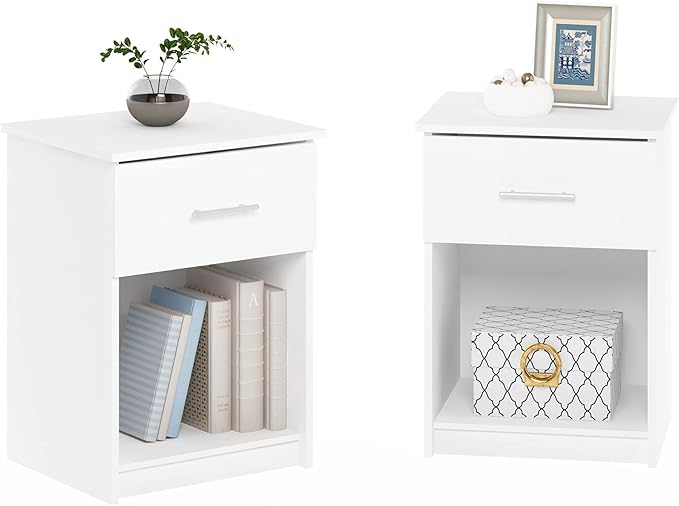 Furinno Tidur Nightstand, 2-Pack, Solid White | Bar Handle, with Storage Shelf, Bedside Table, End Table, Side Table, for Bedroom, Closet, Dorm