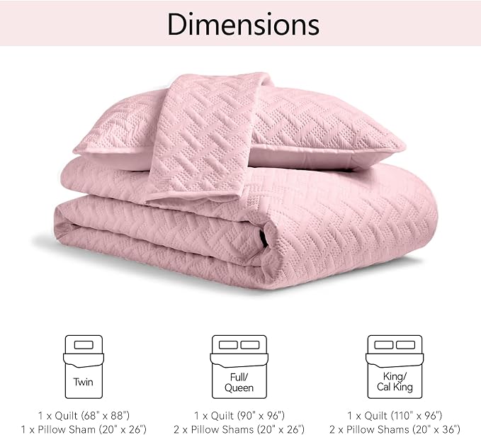 FLYMME King Size Quilt Bedding Set Pink Lightweight Bedspreads Set,Modern Style Geometric Weave Stripe Pattern,Soft Microfiber Bed Coverlet 3 Pieces (1 Quilt, 2 Shams)