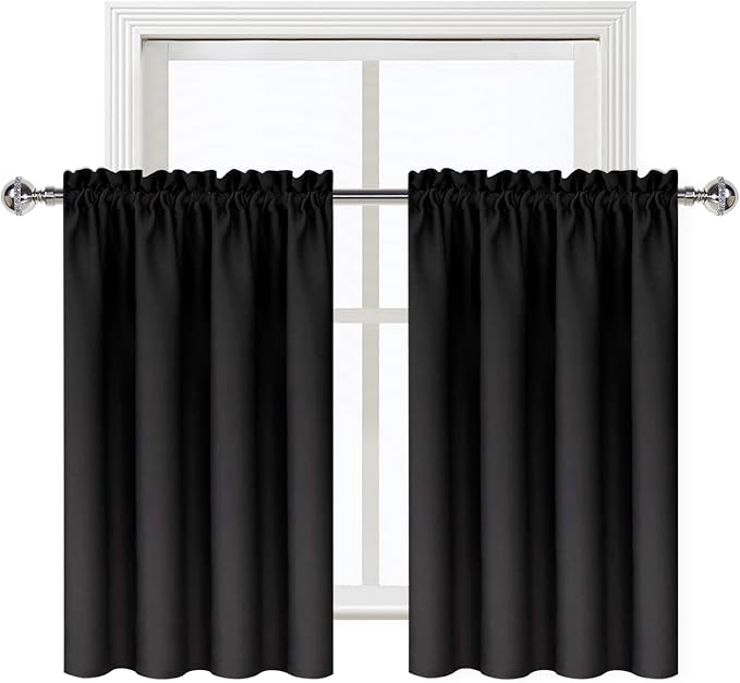 DWCN Short Blackout Curtains 42 x 36 Inch Long for Kitchen RV Bunk Black | 2 Panels Set, Kitchen Window Curtains Over Sink, Thermal Insulated, Light Blocking, Rod Pocket Drapes for Small Window
