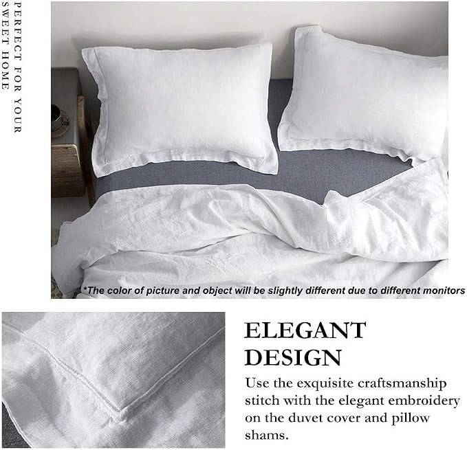 Simple&Opulence 100% French Flax Linen Duvet Cover Set with Embroidery Washed - 3 Pieces (1 Duvet Cover with 2 Pillow Shams) with Button Closure Soft Breathable Farmhouse - White, King Size