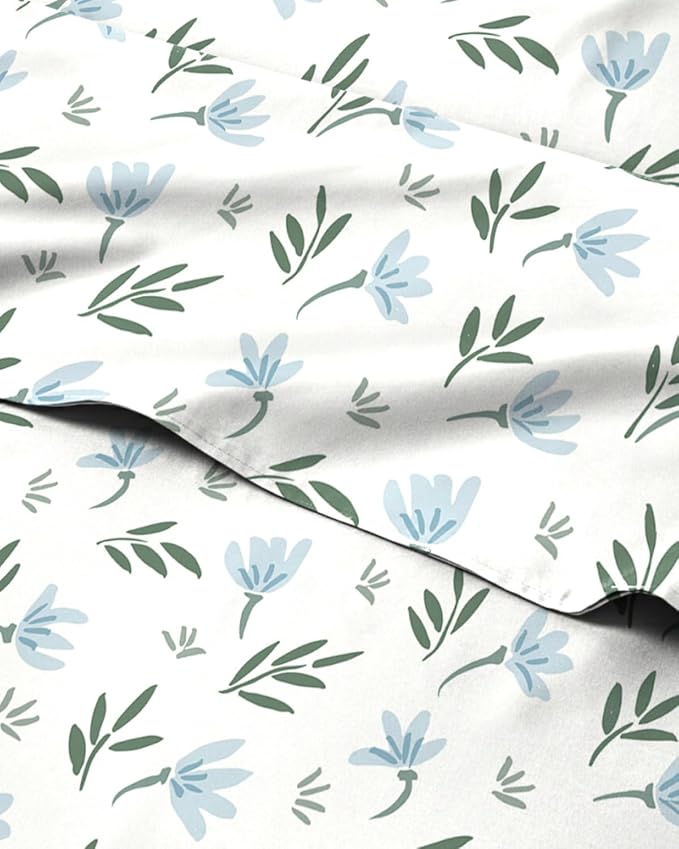 Twin XL 3 Piece Floral Sheet Set - Breathable & Cooling - Blue Petal Bloom | 1 Flat, 1 Fitted & 1 Pillowcase w/ Deep Pockets, Boho Botanical Floral Bedding, Breathable & Cooling, Wrinkle & Fade Free