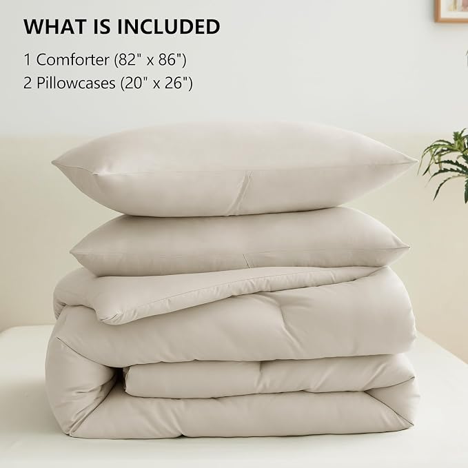 Full Comforter Set, 3 Pieces Down Alternative Bedding, Oatmeal | 270 GSM All Season Comforter with 4 Corner Ties for Use as a Duvet Insert, OEKO-TEX Certified, 2 Pillowcases, 82 x 86 in