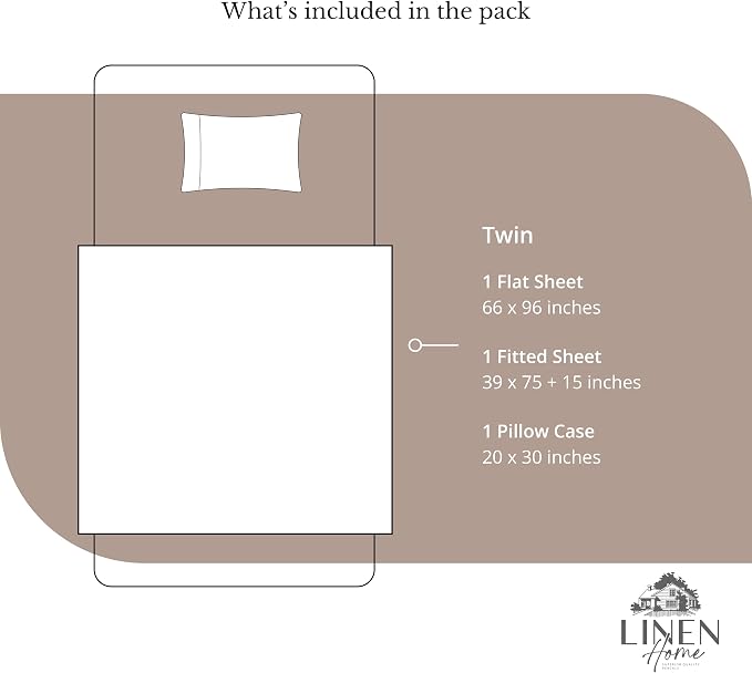 Linen Home 100% Cotton Percale Sheets Twin Size, Earthy Brown, Deep Pocket, 3 Pieces Set - 1 Flat, 1 Deep Pocket Fitted Sheet and 1 Pillowcase, Crisp Cool and Strong Bed Linen