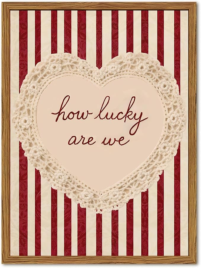 Framed How Lucky Are We Wall Art, Vintage Red Striped Pictures Wall Decor, Romantic Lace Heart Quote Paintings Canvas Prints Coquette Home Decor for Living Room Bedroom Bathroom 16x24 inch