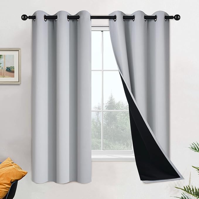 Yakamok Light Grey 100% Blackout Curtains 63 Inches Long 42" Wide 2 Panel | Blackout Curtain Panels for Bedroom, 2 Thick Layers Grommet Top Thermal Insulated Drapes with Black Liner for Living Room