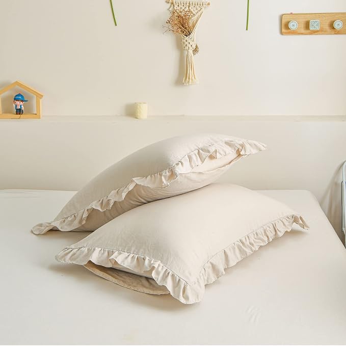 Beige Pillowcases Ruffled Pillow Shams Beige Grey Ruffle Queen Pillowcases Set of 2 Shabby Chic Pillowcases 2 Pack