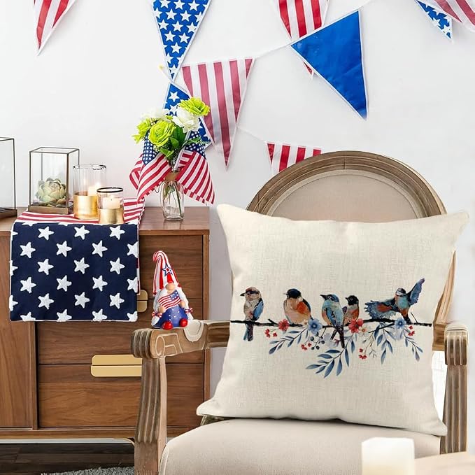 RABUSOFA 4th of July Memorial Day Patriotic Throw Pillow Cover,18x18 Inch Red White and Blue Birds Flowers Independence Day American Fourth of July Decoration for Sofa Couch