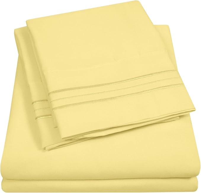 Sweet Home Collection California King Size Sheet Set with Built-in Sheet Straps - Deep Pocket Fitted Sheet, Flat Sheet & Pillowcases - Soft, Wrinkle-Free, Secure Fit - Pale Yellow