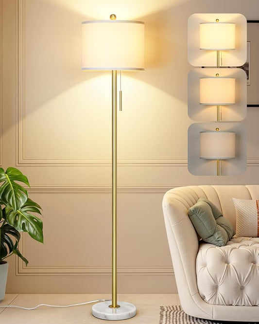 Qingmiao 63" Gold Floor Lamp for Living Room, Marble Base, 3 Way Bulb | Dimmable Standing Lamp with Pull Chain for Bedroom, Tall Pole Lamp for Home Office Reading Corner Decor Gifts