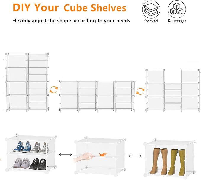 AWTATOS Closet Organizer 8 Cube Storage Shelves, Transparent Twill | Closet Organizers and Storage, DIY Stackable Cubby Shelving, Clothes Organizers for Closet Bedroom Living Room Office