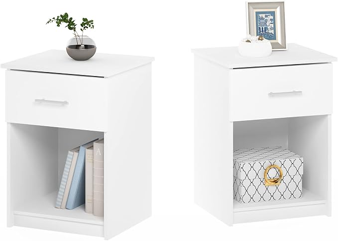 Furinno Tidur Nightstand, 2-Pack, Solid White | Bar Handle, with Storage Shelf, Bedside Table, End Table, Side Table, for Bedroom, Closet, Dorm