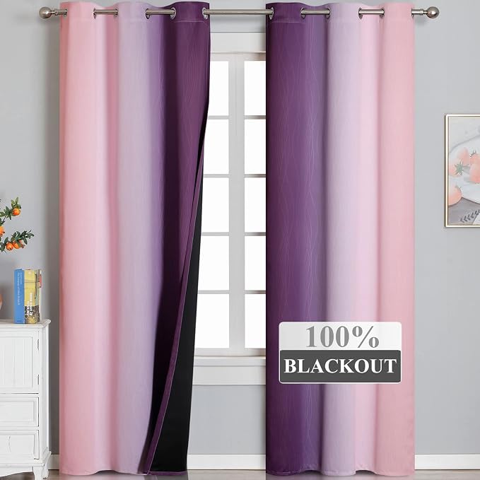 Pink and Purple Ombre Blackout Curtains for Girls Bedroom 84 Inches Long | Estelar Textiler Kids Room Darkening Curtains,Light Blocking,Grommet Thermal Insulated Gradient Drapes,42Wx84L Inch, 2 Panels