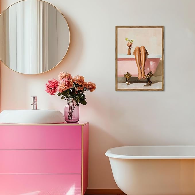 Funny Girl Bathroom Wall Art Pink Cute Girly Bathtub Wall Decor Picture, Trendy Girl Bathroom Martini Cocktail Poster Canvas Print Painting Minimalist Cute Woman Artwork 16x24 inch Wood Framed