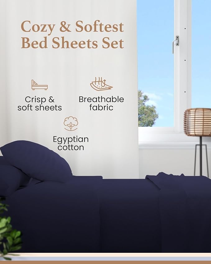 Good Sleep Bedding 100% Egyptian Cotton Bed Sheets King Size, 4 Piece Silky Sateen Weave King Bed Sheets, Ultra-Soft & Durable Hotel Luxury, 16" King Sheets Deep Pocket - Navy Blue