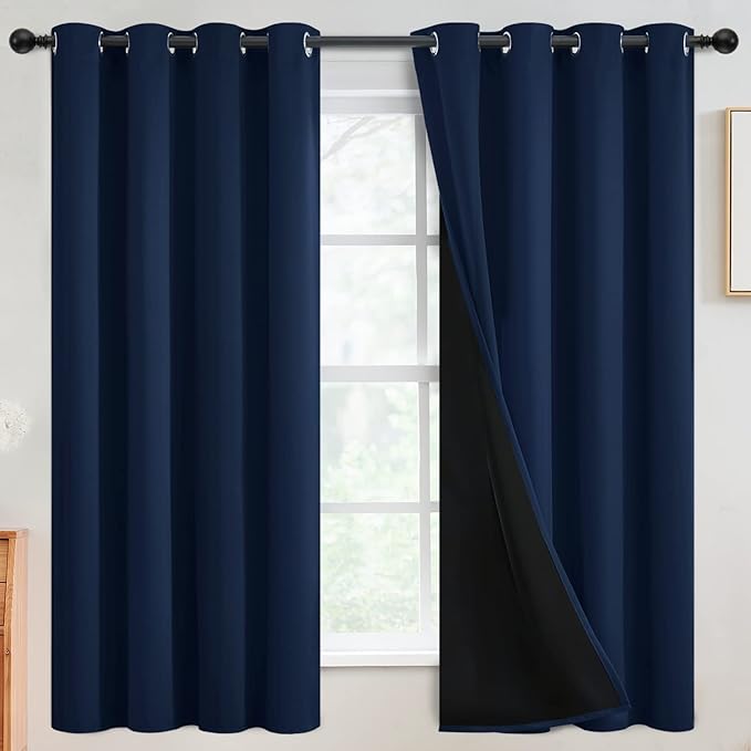 SimpleHome Navy Blue 100% Blackout Curtains Room Darkening Living Room 63 | Curtains for Bedroom,Thermal Insulated Grommet Window Drapes,Curtains for Living Room with Black Back,52 x 63 Inch,2 Panels