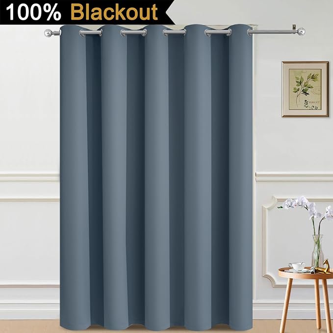 Yakamok Stone Blue Blackout Patio Door Curtain Panels W70 x L84,1 Panel | Noise Reducing Barrier Panel for Sliding Glass Door, 2 Thick Layers Heat Full Light Blocking Patio Door Drapery