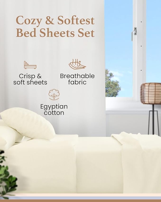Good Sleep Bedding Cal King Sheet Set, 4 Piece, 100% Egyptian Cotton Sheets California King, Sateen Weave Bed Sheet, Ultra-Soft, 16" California King Sheets Deep Pockets - Ivory
