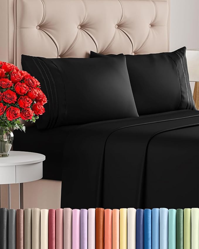Full Size 4 Piece Sheet Set - Comfy Breathable & Cooling Sheets - Black | Hotel Luxury Bed Sheets for Women & Men, Deep Pockets, Easy-Fit, Extra Soft and Wrinkle Free Sheets, Oeko-Tex Bed Sheet Set