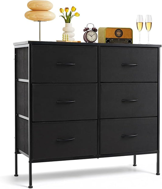 6-Drawer Dresser for Bedroom, Anti-Tip Wide Storage Organizer | Chest of Drawers with Wooden Top and Metal Frame Fabric Bins for Closet, Living Room, Hallway, Entryway, Black