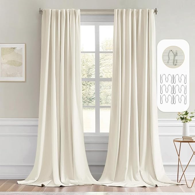 MIULEE Beige White Back Tab Blackout Curtains 52x102 Inch Long 2 Panels Set | Rod Pocket Pinch Pleated, Thermal Insulated, Bedroom Living Room Darkening Drapes, Light Blocking Floor to Ceiling Curtains