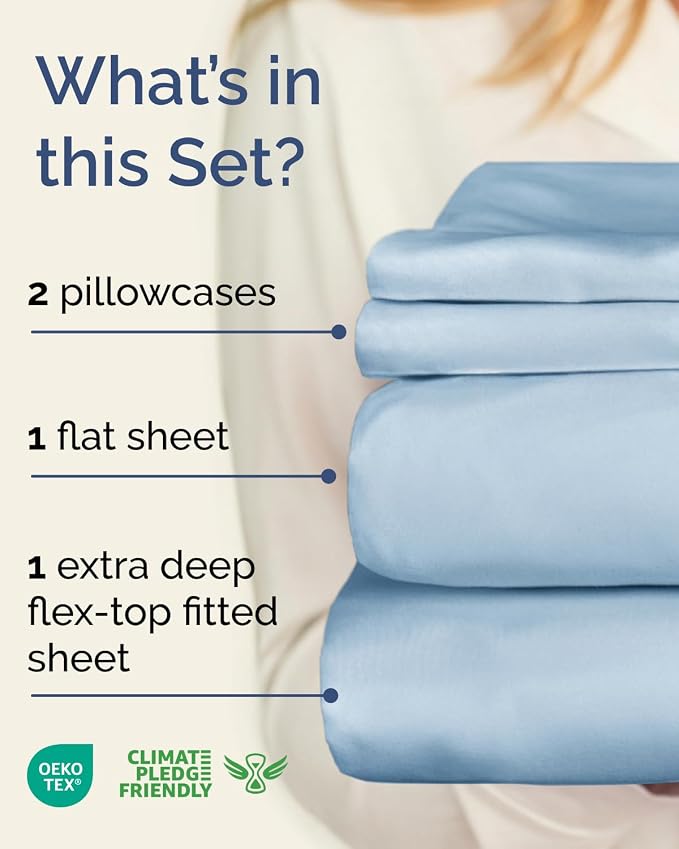 Flex Top Split Head King Sheet Set - 4 Piece Extra Deep Sheets - Sky Blue | Easily Fits 18 to 24 inch Mattress, Ultra Soft, Wrinkle & Fade Free with Extra Deep Pockets, Comfy Hotel Luxury Bedding