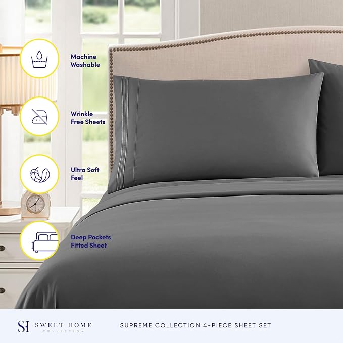 California King Sheet Sets - Breathable Luxury Sheets with Full Elastic & Secure Corner Straps Built In - 1800 Supreme Collection Cal King Deep Pocket Bedding Set, Sheet Set, California King, Gray