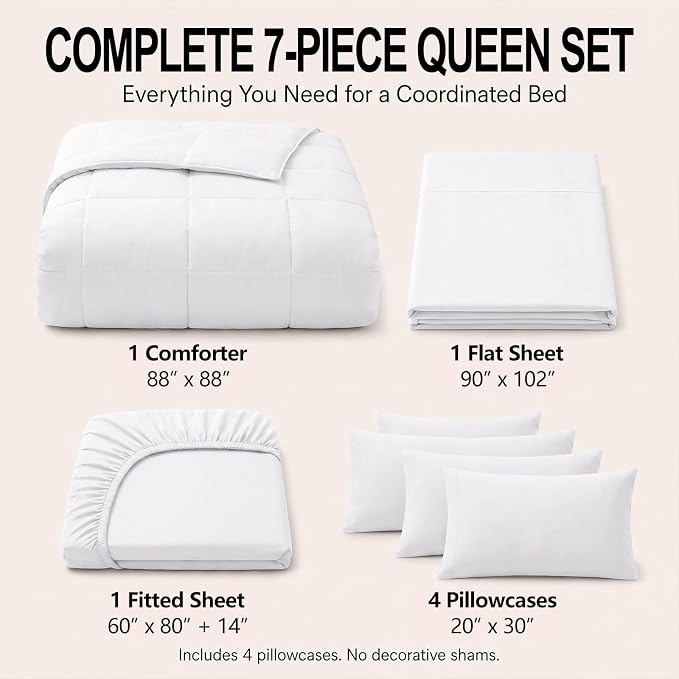 Queen Comforter Set White - 7 Pieces Bed in a Bag | OEKO-TEX Certified, All-Season, Bedroom, Guest Room, Down-Alternative Comforter + Flat & Fitted Sheets + 4 Pillowcases