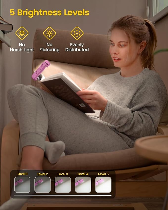 Glocusent USB Rechargeable Book Light, Portable Clip-on LED Reading Light | 3 Amber Colors & 5 Brightness Dimmable, bookmark, Eye-Caring,Compact Gift ,Women Book Lovers,Christmas, Book Accesories,Pink