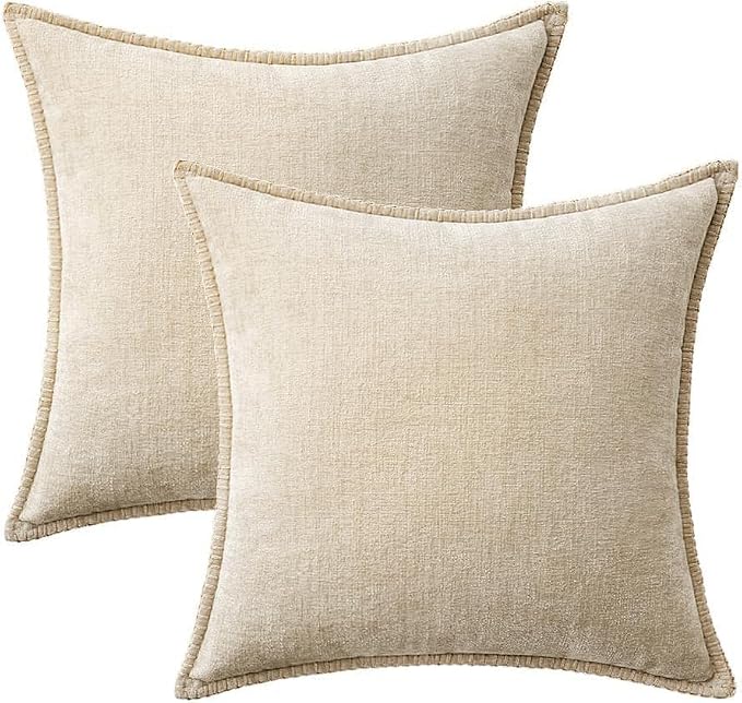 MIULEE Decorative Euro Sham Pillow Covers 24x24 Inch Beige 2 Pack | Neutral Farmhouse Throw Pillow Covers with Stitched Edge, Soft Chenille Cushion Cases, for Couch Sofa Bed Living Room