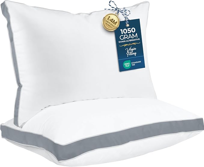 Utopia Bedding Gusset Bed Pillow, Hotel Pillows Queen Size Set of 2, Grey | Cotton Blended Down alternative pillows for sleeping, soft fluffy cooling comfort for Back, side & stomach sleepers, 2 pack