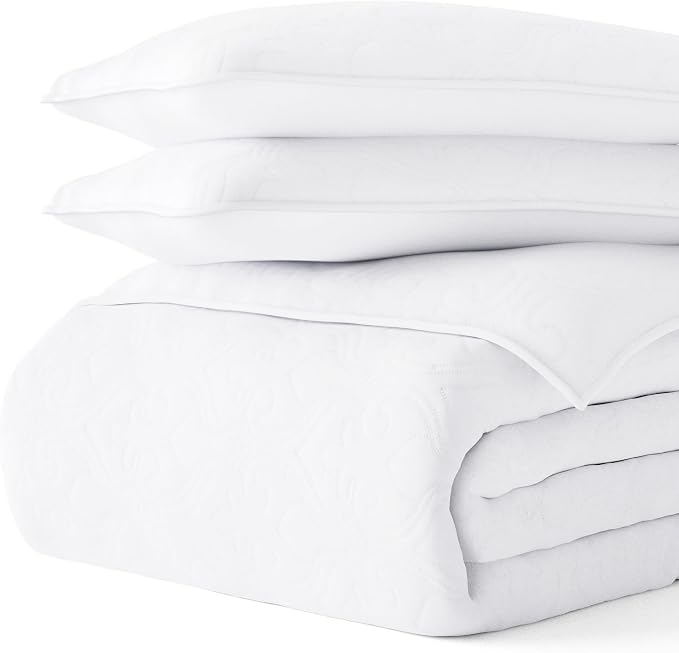Merit Linens Classic Quilt Coverlet Soft Set in Damask Stitching - King/Cal-King White