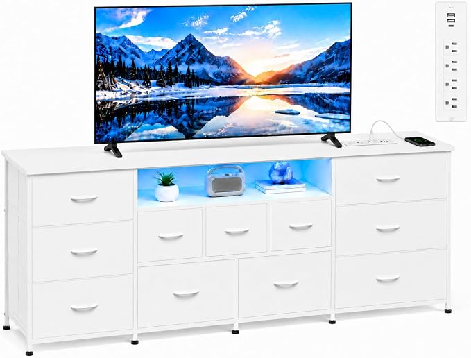 WLIVE Long LED Dresser TV Stand for 85 Inch TV, 11 Drawers, White | Fits TVs up to 85 inch, 11 fabric drawers, LED chest of drawers, Built-in power outlet, Living room or bedroom
