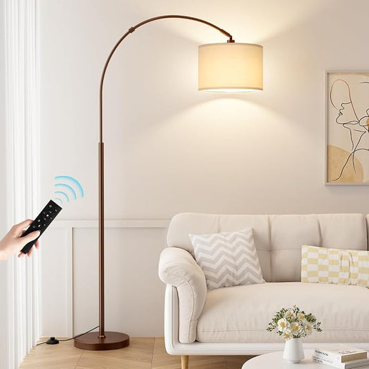 Dimmable Arc Floor Lamp with Remote, Color Temp Adjustable, Brown | Rotating Head, Foot Switch & Remote, Arched Floor Lamp for Living Room Bedroom Office, Over Couch Arched Light, Beige & Brown