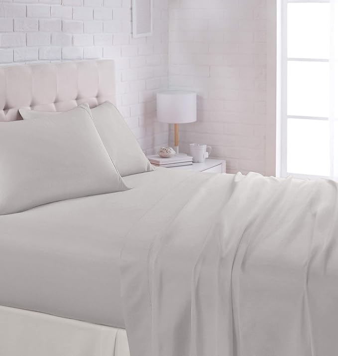 Amazon Basics Lightweight Super Soft Comfortable Breathable Wrinkle Resistant Microfiber 4 Piece Bed Sheet Set with 14-Inch Deep Pockets, Queen, Light Gray, Solid