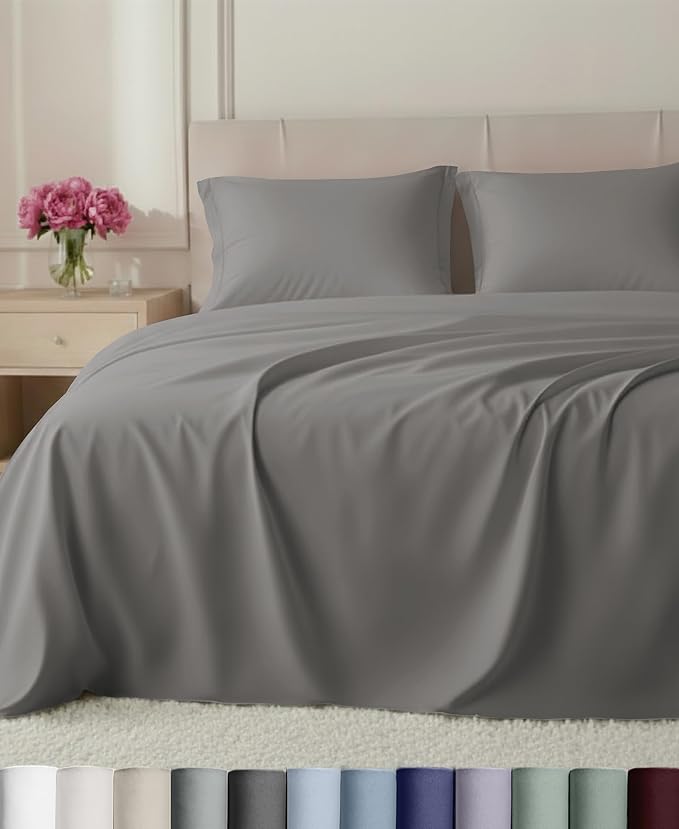 California Design Den Luxury 800 Thread Count Cal King Sheets, Misty Grey | 100% Cotton Sateen Backed by Good Housekeeping Seal - Soft & Thick, 16" Deep Pocket, All-Around Elastic, 4 Pc Set, Easy Care