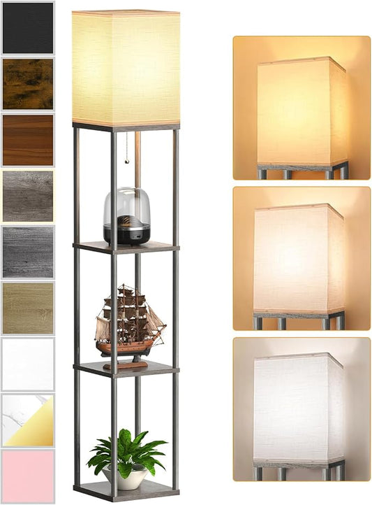 Floor Lamp with Shelves for Living Room Oak Gray, Shelf Floor Lamp with 3 CCT LED Bulb, Corner Display Standing Column Lamp Etagere Organizer Tower Nightstand with White Linen Shade for Bedroom Office