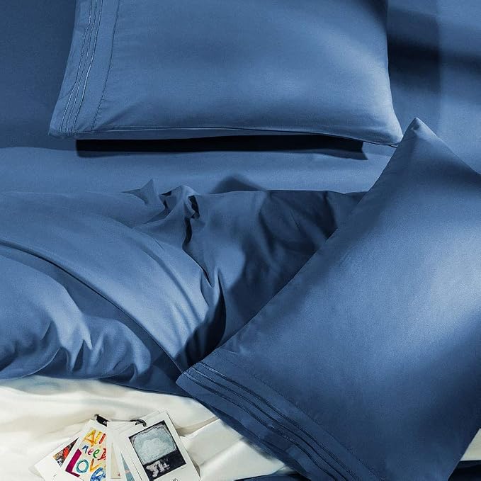 SONORO KATE Bed Sheet Set Super Soft Microfiber 1800 Series Luxury Egyptian Sheets Fit 18-24 Inch Deep Pocket Mattress Wrinkle-6 Piece (Navy Blue, King)