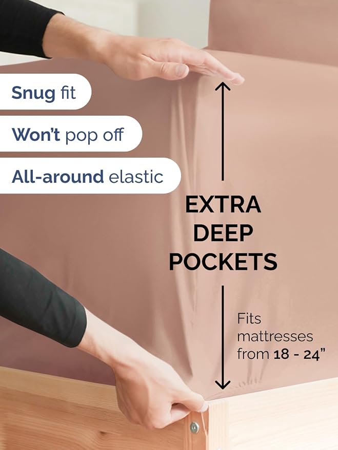 Extra Deep Cal King Fitted Sheet - Single Fitted Sheet Only - Mauve | Easily Fits 18 inch to 24 inch Mattress, Soft, Wrinkle Free, Breathable & Comfy, Extra Deep Pockets Hotel Luxury Fitted Sheet