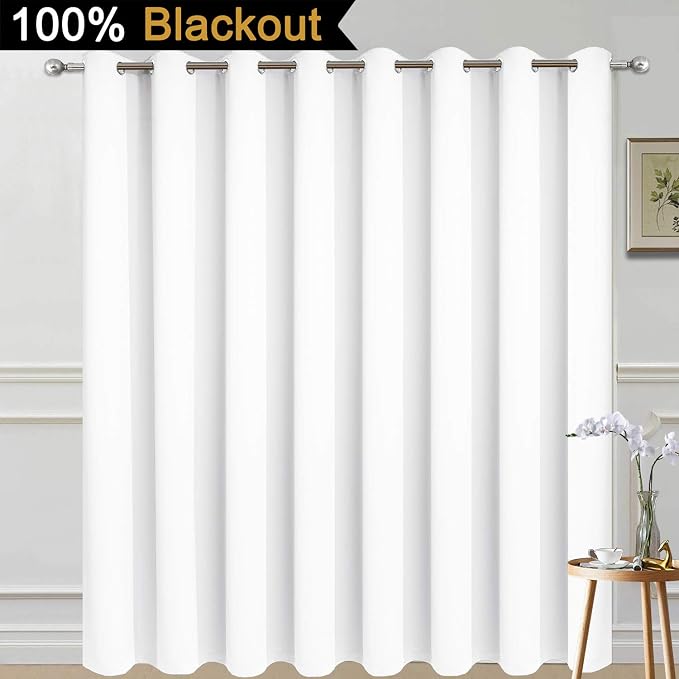 Yakamok Pure White Blackout Patio Door Curtain Panels W100 x L84, 1 Panel | Noise Reducing Barrier Panel for Sliding Glass Door, 2 Thick Layers Heat Full Light Blocking Patio Door Drapery