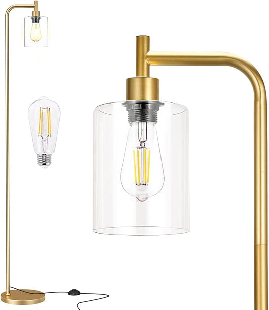 Ziisee Floor Lamps for Living Room - Industrial Standing Lamp with Glass Shade, Modern Gold Floor Lamp with LED Bulbs, Farmhouse Floor Lamp for Bedroom, Tall Lamp for Office - Gold