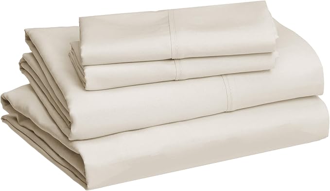 Amazon Basics Lightweight, Wrinkle-Free, Breathable Microfiber 4-Piece Bed Sheet Set with 14-Inch Deep Pockets, Full, Beige, Solid