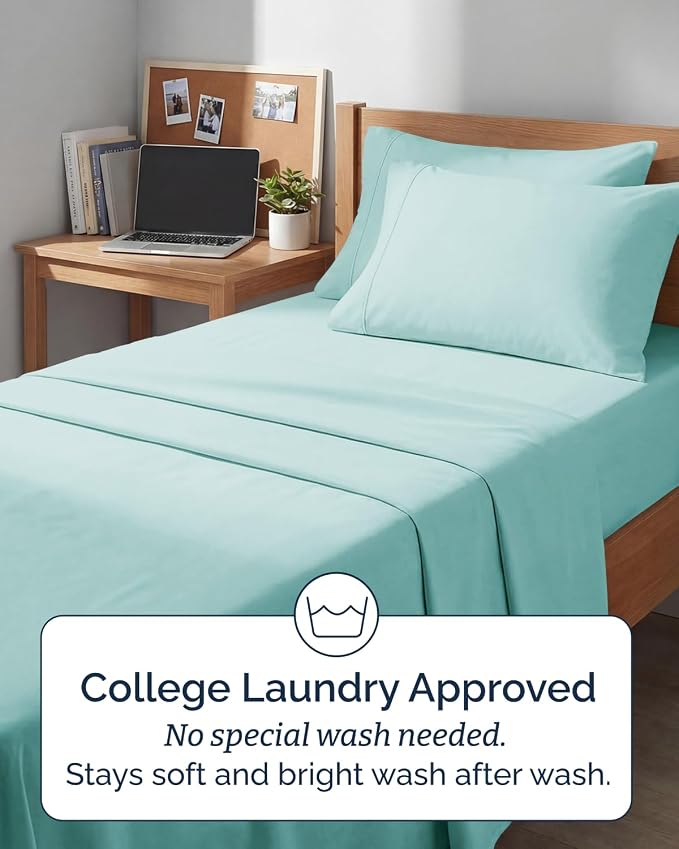 Extra Deep Twin XL Sheet Set - 4 Piece College Dorm Room - Spa Blue | College Dorm Room Essentials, Easy & Secure Fit, Ultra-Soft, Wrinkle & Fade Free, Comfy Sheets Set with Extra Deep Pockets