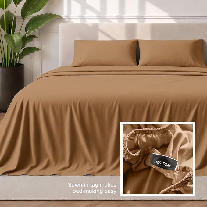 Bare Home Queen Sheet Set - 1800 Ultra-Soft (Queen, Caramel) | Deep Pockets 6 to 15 Inches, Breathable, Hypoallergenic, Hotel Luxury, Easy Fit, Soft, All-Season