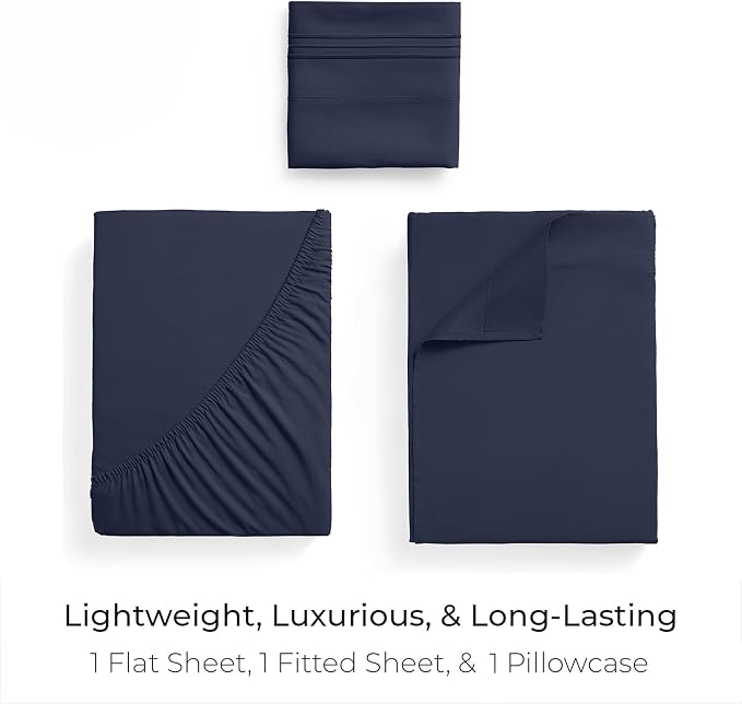Mellanni Iconic 3-Piece, Ultra Soft Sheet Set (Twin, Navy Blue) | 10M+ Sleepers. Lab-tested: Sleeps Cool, Stays Bright, Strong, Smooth. Good Housekeeping Best Bedding, 7 yrs running.
