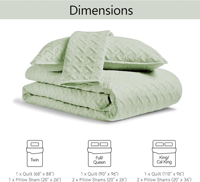 FLYMME Quilts King Size, Lightweight Sage Green Bedspreads, Basket Weave Pattern,Ultra Soft Microfiber Bed Coverlet 3 Pieces for All-Seasons (1 Quilt, 2 Shams)