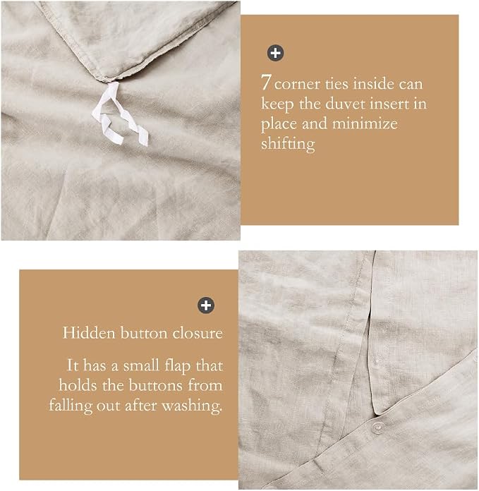 Simple&Opulence 100% Washed Linen Duvet Cover with Embroidered,3 Pieces Soft Farmhouse Comforter Set with Button Closure,1 Duvet Cover and 2 Pillowshams(Queen,Natural Linen)