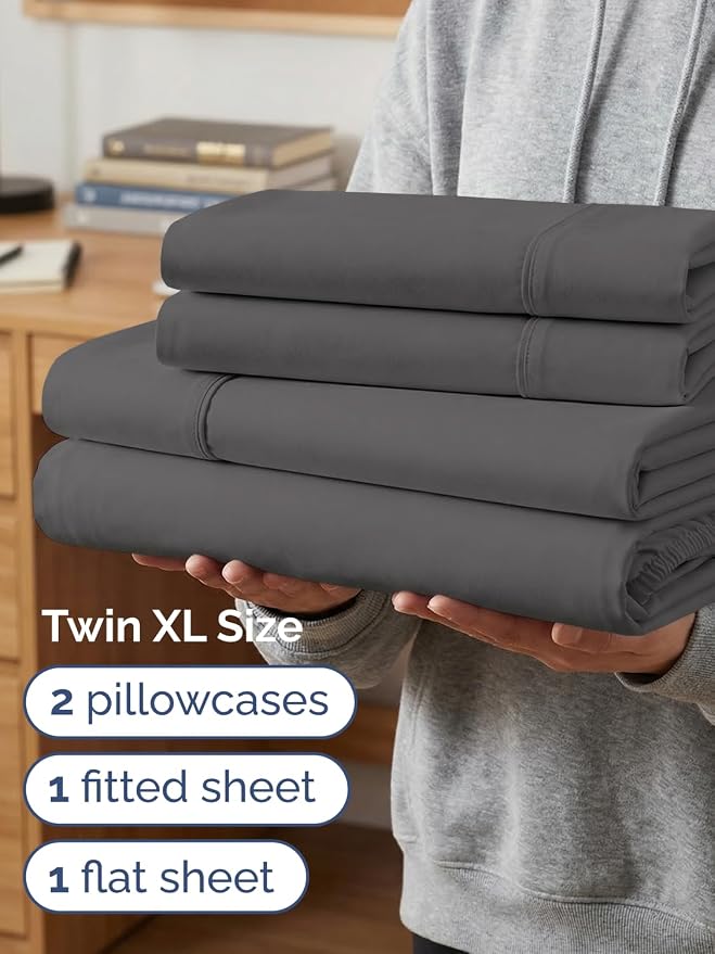 Extra Deep Twin XL Sheet Set - 4 Piece College Dorm Room - Grey | College Dorm Room Essentials, Easy & Secure Fit, Ultra-Soft, Wrinkle & Fade Free, Comfy Sheets Set with Extra Deep Pockets