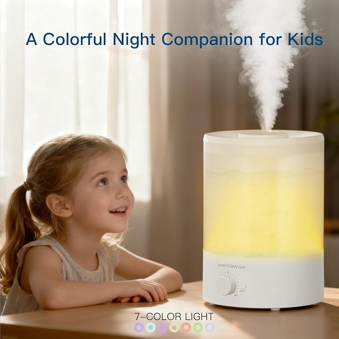 MegaWise 3.5L Cool Mist Humidifier – Whisper-Quiet Ultrasonic Vaporizer for Baby Nursery, Bedroom & Office | Top-Fill Design, Essential Oil Diffuser, Easy to Clean, 7-Color Night Light, Auto Shut-Off