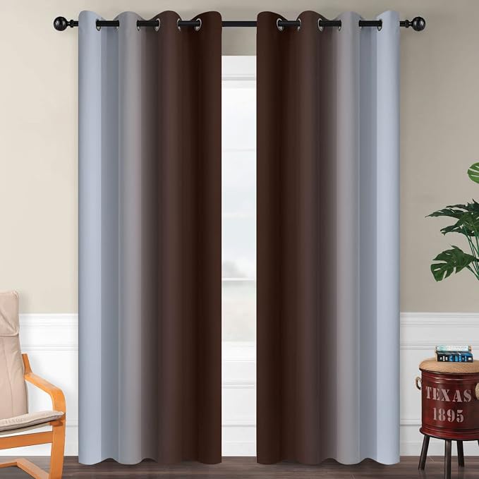 SimpleHome Ombre Brown to Grey White Curtains for Living Room 52Wx84L | Room Darkening Curtains for Bedroom,Gradient Light Blocking Curtain,Thermal Insulated Grommet Window Drapes,2 Panels,84 Inch